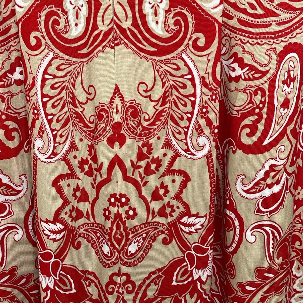 LIZ CLAIBORNE Skirt Red & Tan Paisley Paper Bag Waist Attached Belt Rayon - Picture 4 of 11